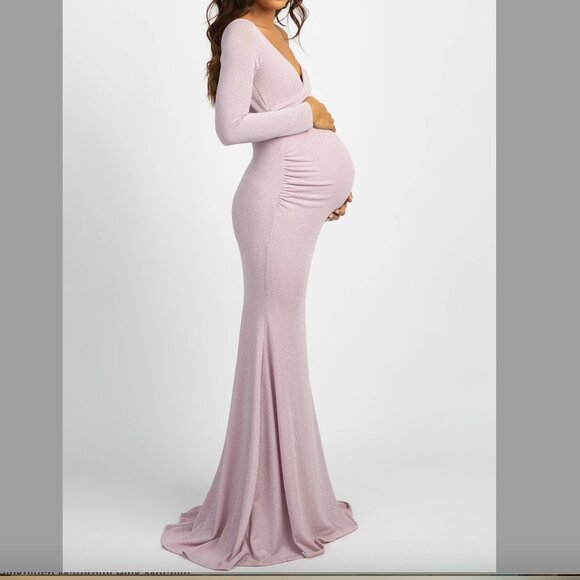 PinkBlush Pink Metallic Off Shoulder Long Sleeve Wrap Maternity Photoshoot Gown - Picture 1 of 8
